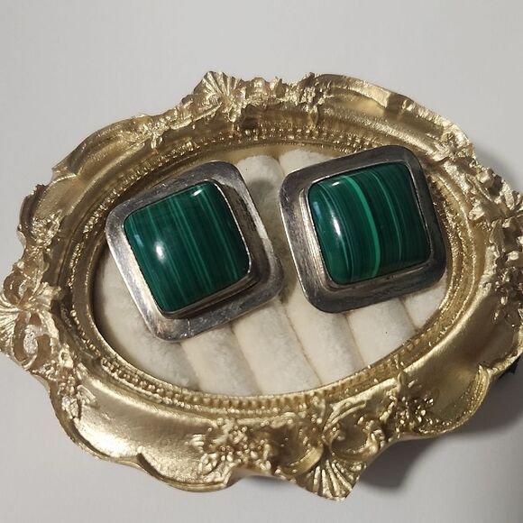 Green and Sterling Silver Square Earrings 925 Mexico - Picture 1 of 4